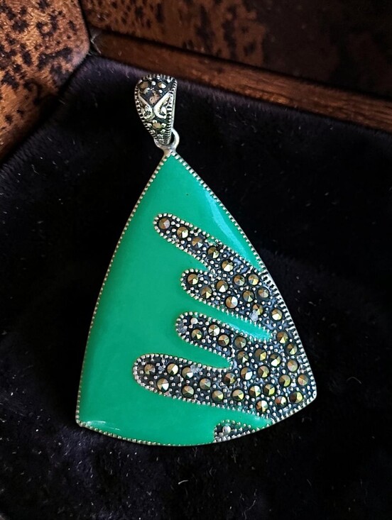 Vintage Jewelry - Large Vintage Sterling Silver Marcasite And Green Enameling Pendant